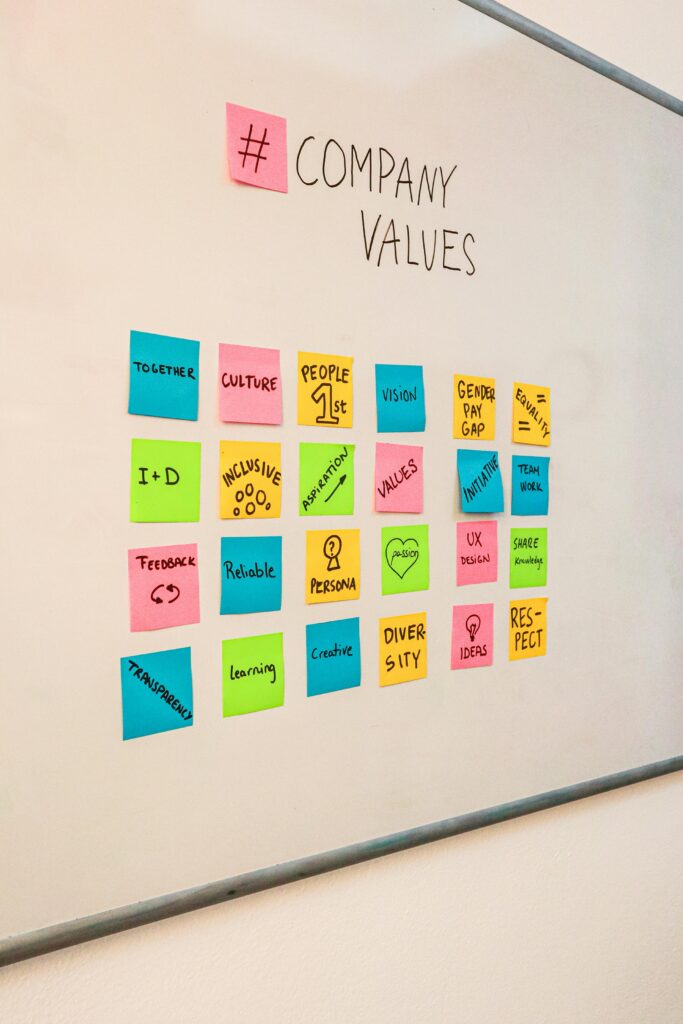 pexels-photo-15505474-15505474 Colorful sticky notes displaying company values on a white board, emphasizing teamwork and innovation.